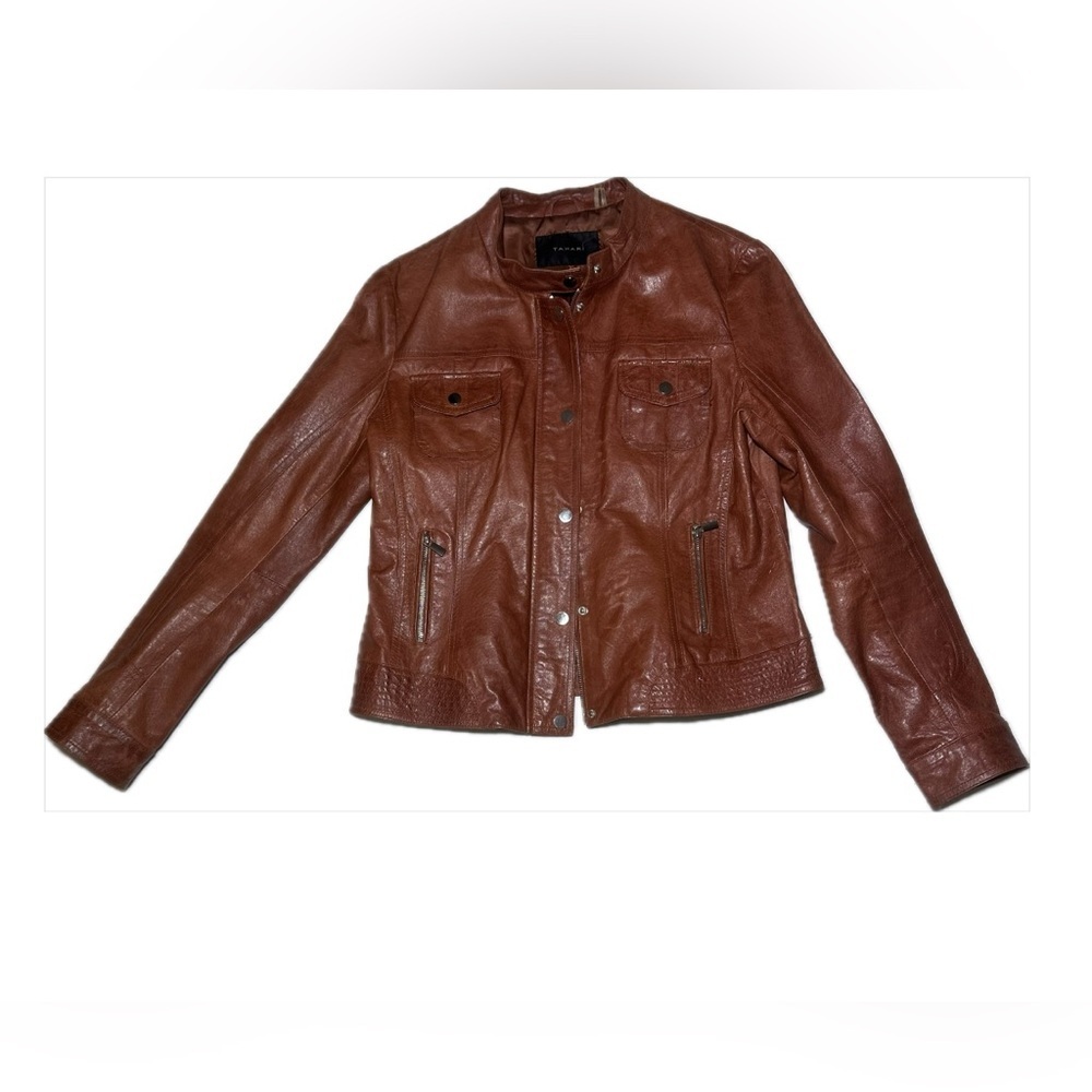 Tahari Women's Dark Burnt Orange Lamb Leather Jacket Medium - Picture 10 of 11